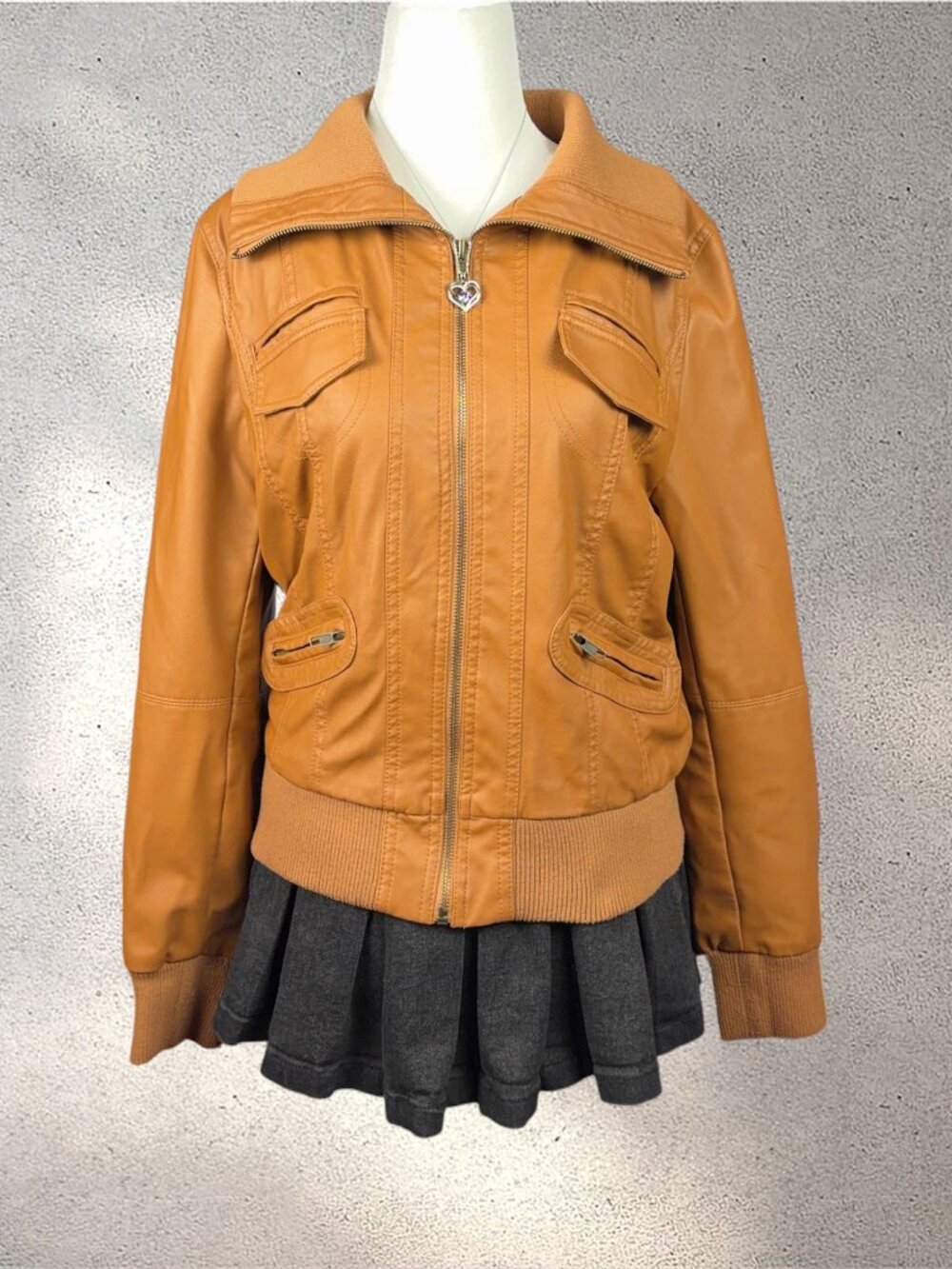 Zenana Outfitters Vegan Leather Moto Bomber Jacket Women’s L Tan Biker Y2K Chic - Picture 1 of 12